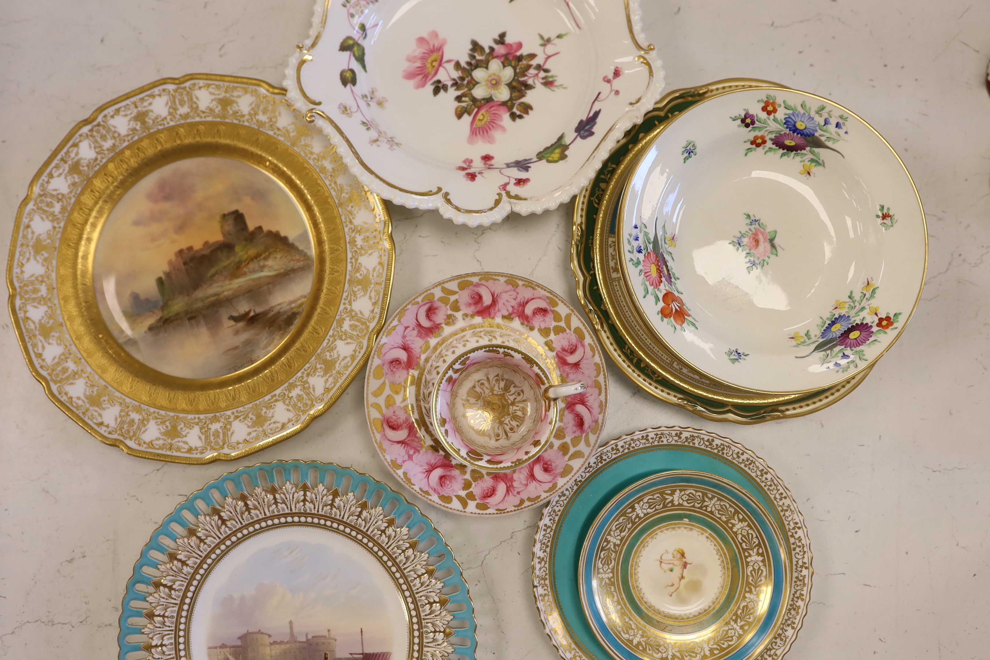 A collection of 19th/20th century English porcelain tableware including a Royal Doulton ‘Pembroke Castle’ cabinet plate, 26cm diameter (11)